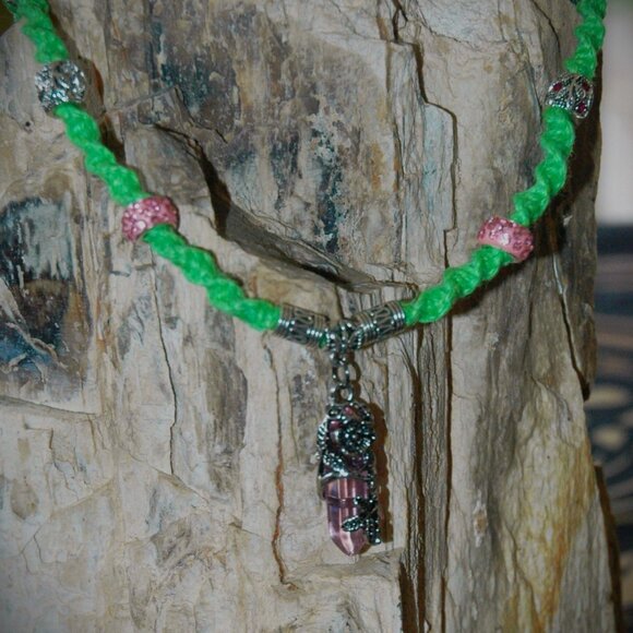 Flower Wrapped Pink Quartz Hexagon on a 19" Handmade Green Hemp Chain - Picture 5 of 6